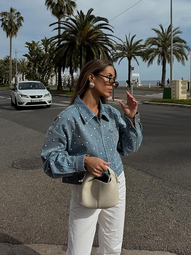 Women's Cropped Denim Jacket with Bead Detailing and Oversized Sleeves EVA-US