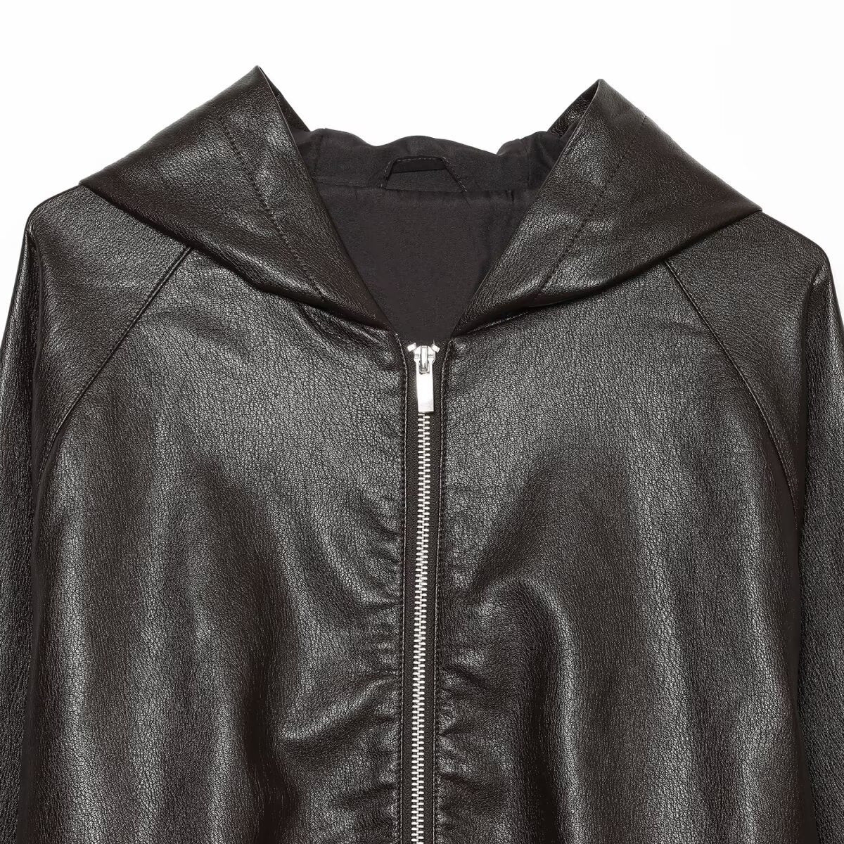 Women's Cropped Faux Leather Bomber Jacket with Hood, Drawstring and Elastic Cuffs EVA-US