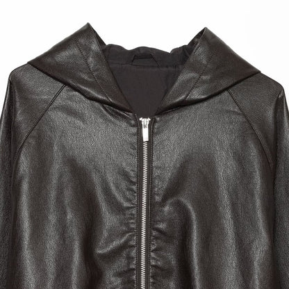 Women's Cropped Faux Leather Bomber Jacket with Hood, Drawstring and Elastic Cuffs EVA-US
