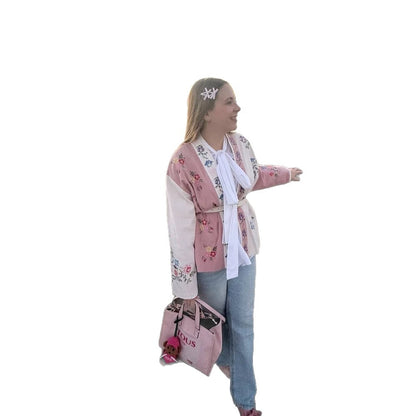 Women Embroidered Lightweight Kimono Jacket with Floral Appliqués and Open Fall EVA-US