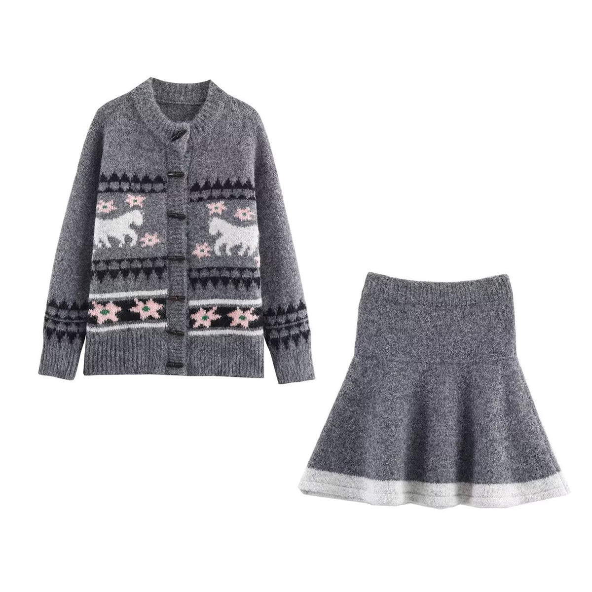 Women's Two-Piece Knit Set with Norwegian Pattern Cardigan and Flared Skirt EVA-US