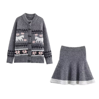 Women's Two-Piece Knit Set with Norwegian Pattern Cardigan and Flared Skirt EVA-US
