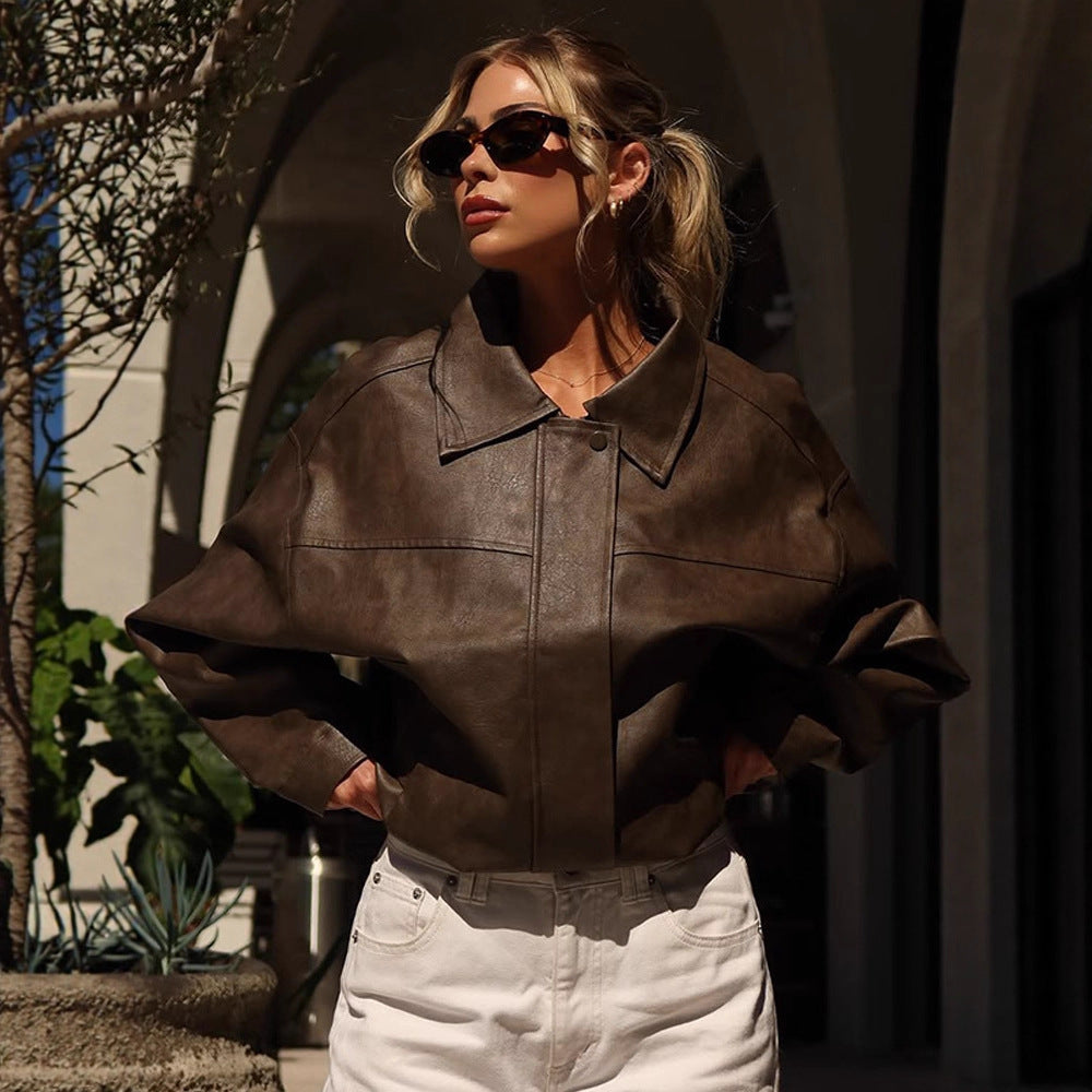Women Boxy Cropped Faux Leather Blouson with Oversized Shoulder EVA-US