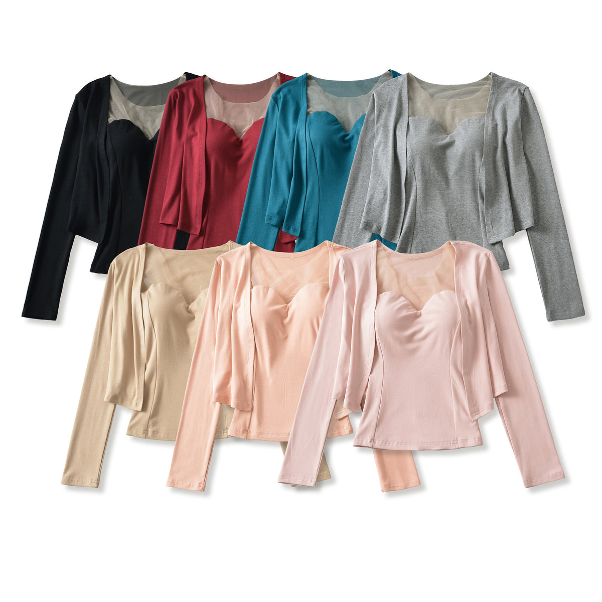 Ladies Two-Piece Fine Knit Top Set with Mesh Insert and Open Cardigan EVA-US