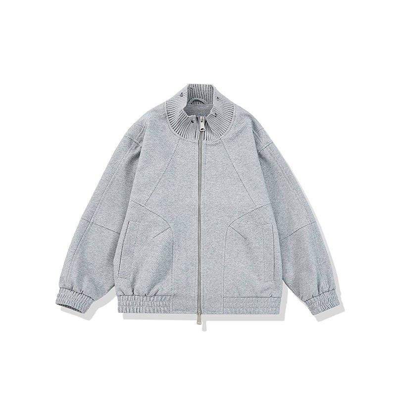 Unisex Boxy Knit Mix Transition Jacket with High Ribbed Collar and Elastic Hem EVA-US