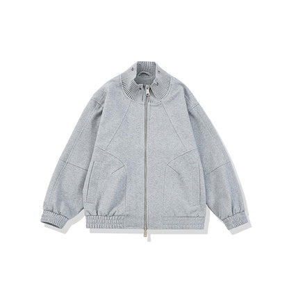 Unisex Boxy Knit Mix Transition Jacket with High Ribbed Collar and Elastic Hem EVA-US