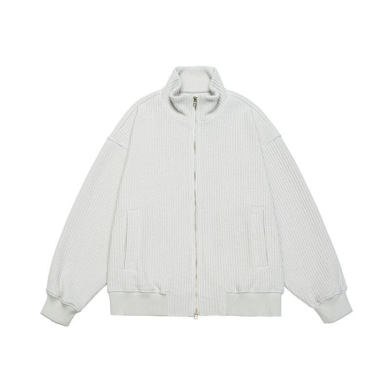 Unisex chunky knit boxy zip jacket with stand-up collar and ribbed cuffs EVA-US