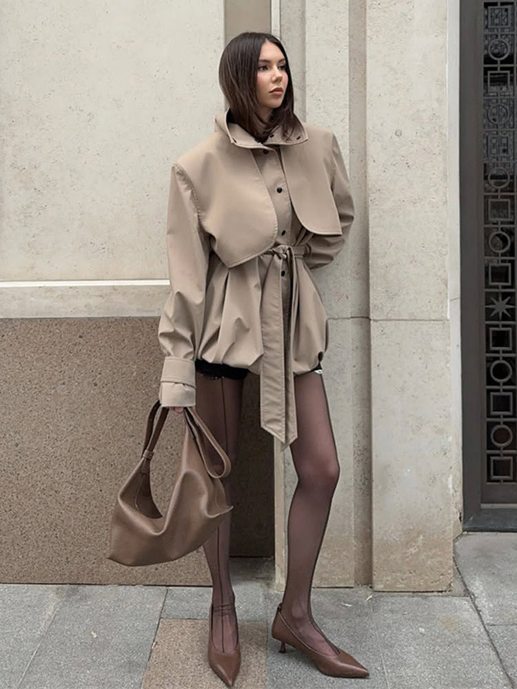 Women's sculptural boxy jacket with high stand-up collar and gathered volume waistband EVA-US
