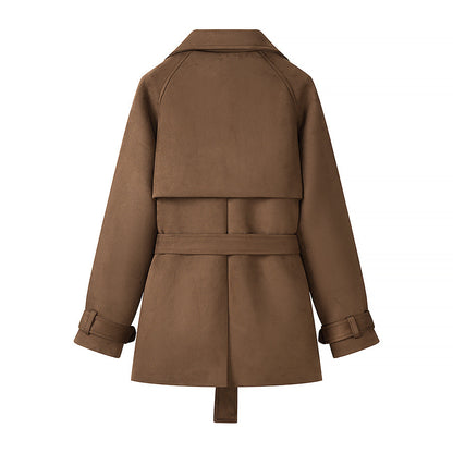 Women's short trench-style coat with double-breasted button placket, tie belt, and wide lapels EVA-US