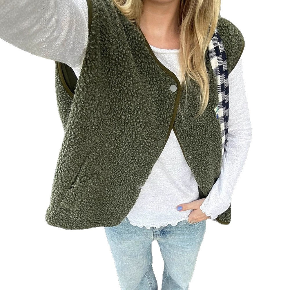 Women's teddy vest with button placket, soft teddy fleece & straight silhouette EVA-US