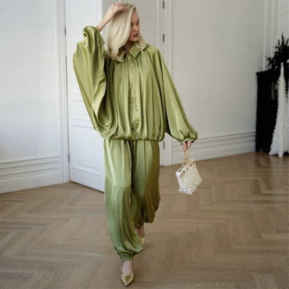 Women Elegant Satin Two-Piece Set with Oversize Blouse and Wide Palazzo Pants EVA-US