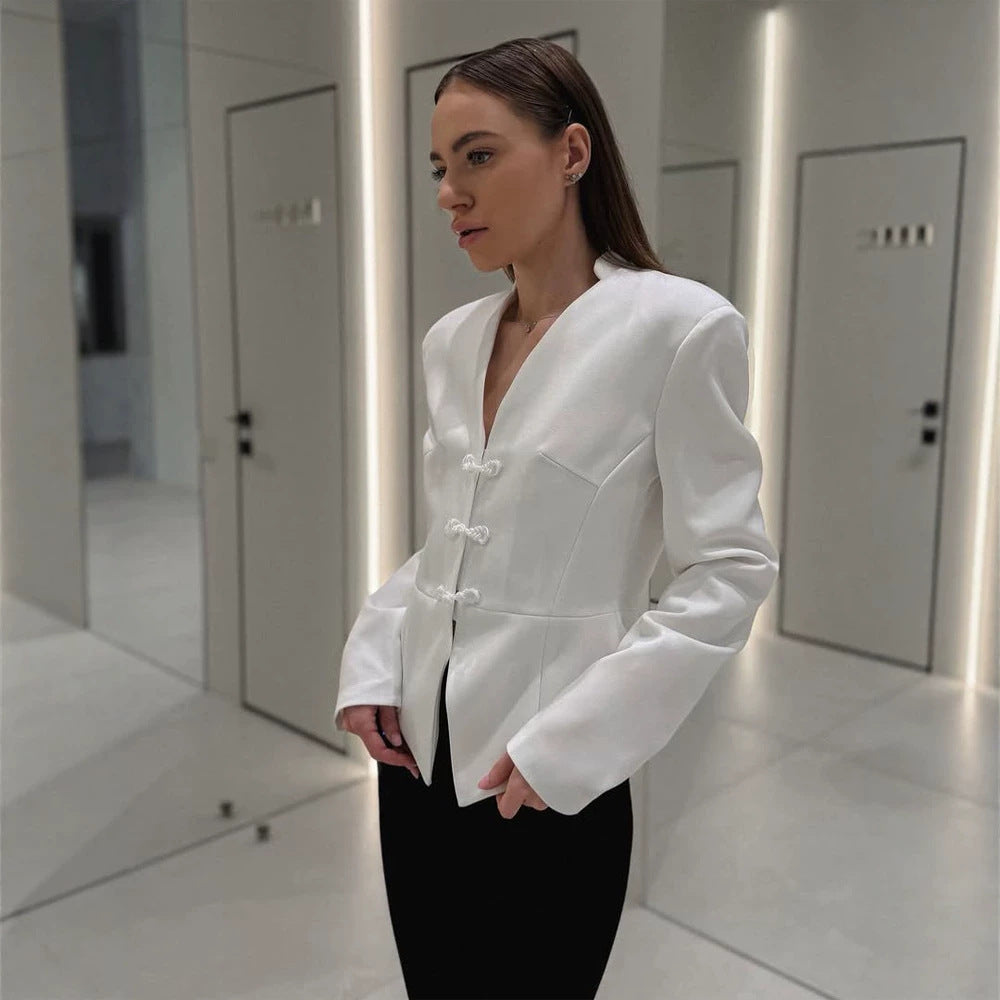 Women's peplum blazer with mandarin-like neckline and decorative knot fastenings EVA-US