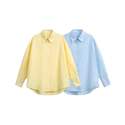 Women's oversized blouse with fine check pattern, drop shoulder and extended back section EVA-US