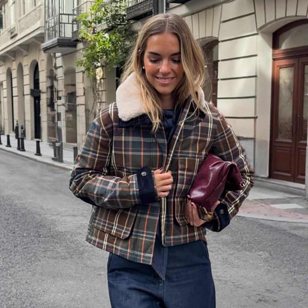 Women's Short Blouson in Check Pattern with Padded Lining and Teddy Collar EVA-US
