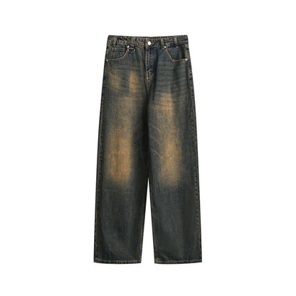 Women's loose high-waist relaxed jeans with vintage fading and straight leg EVA-US