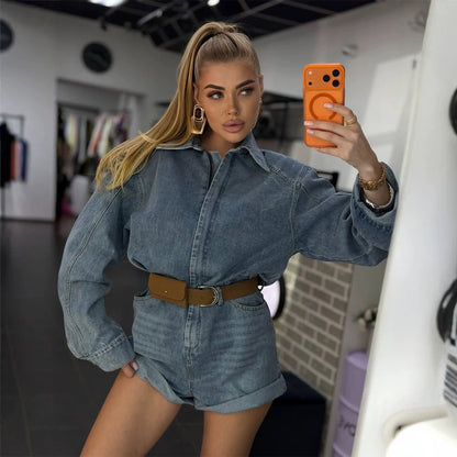 Women's Denim Shorts Overall with Boxy Shirt Top and Waist Belt EVA-US