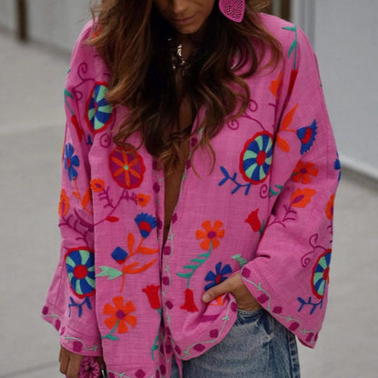 Women's Oversize Light Cotton Cardigan with Colorful Floral Embroidery EVA-US