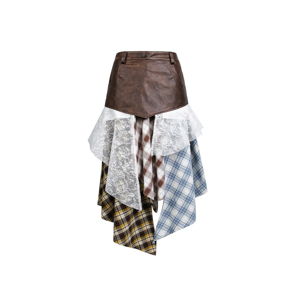 Women Asymmetrical Layered Skirt with Faux Leather Waistband and Plaid Mix EVA-US