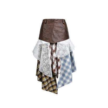 Women Asymmetrical Layered Skirt with Faux Leather Waistband and Plaid Mix EVA-US