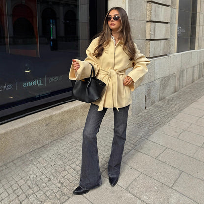 Women's Wool Blend Short Jacket with Tie Belt, Boxy Silhouette and Subtle Lapel EVA-US