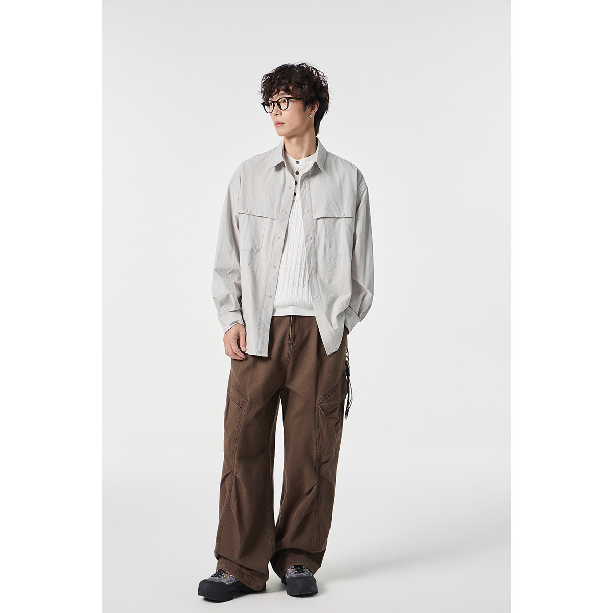 Unisex Loose-fitting shirt jacket in utility style with snap button placket EVA-US