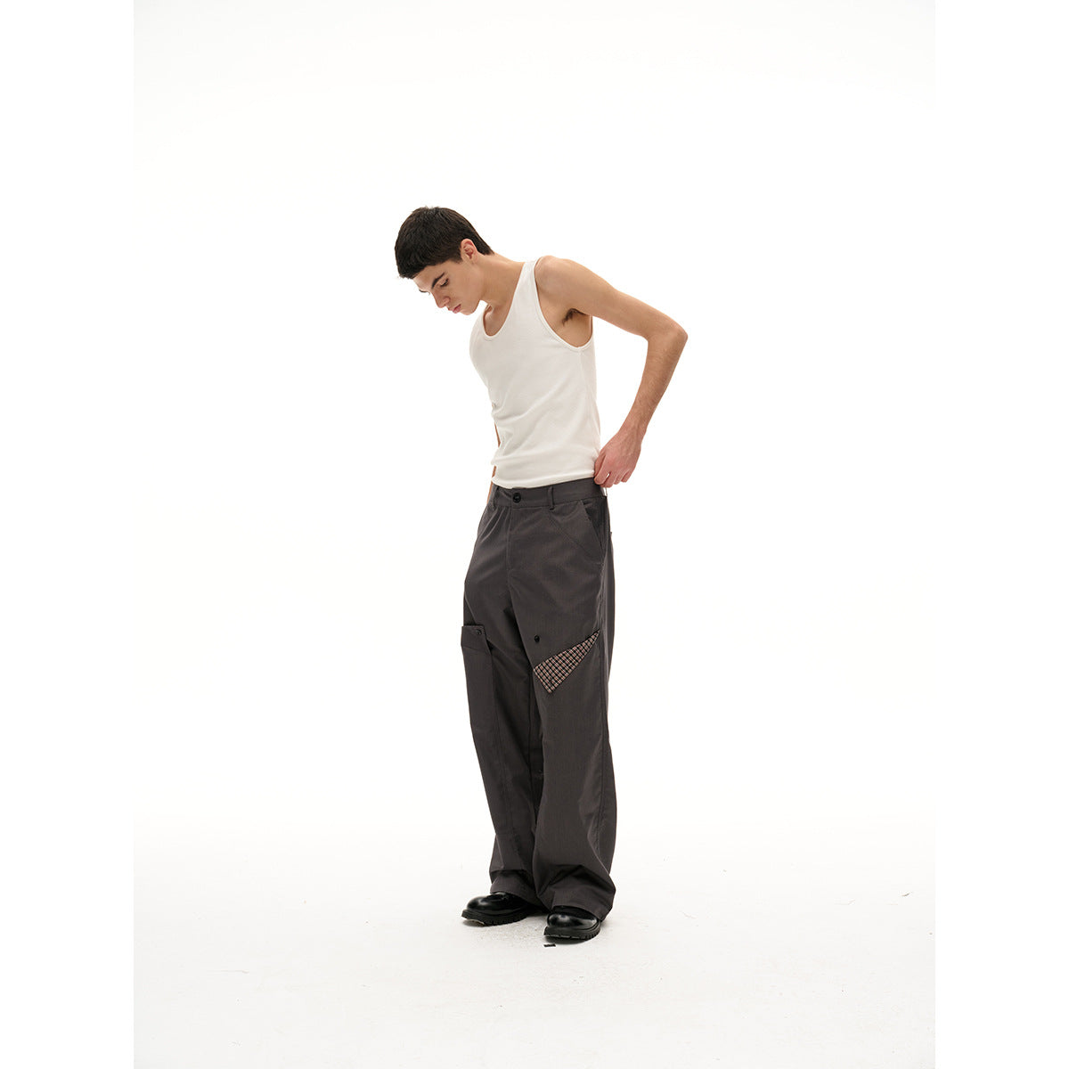 Women wide waistband pants with decorative checked inset pockets EVA-US