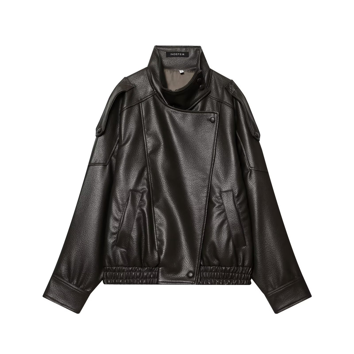 Ladies short-cut faux leather pilot jacket with high stand-up collar and shoulder straps EVA-US