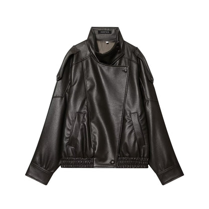 Ladies short-cut faux leather pilot jacket with high stand-up collar and shoulder straps EVA-US