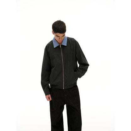 Unisex Short Cut Pinstripe Blouson Jacket with Contrasting Shirt Collar and Full Zipper EVA-US