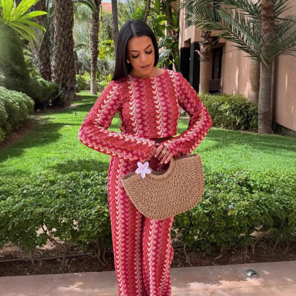 Women Crocheted Two-Piece Lounge Set with Short Sweater and High-Waisted Palazzo Pants EVA-US