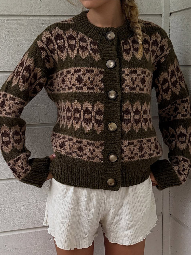 Women's Norwegian pattern cardigan with button placket and ribbed hem EVA-US