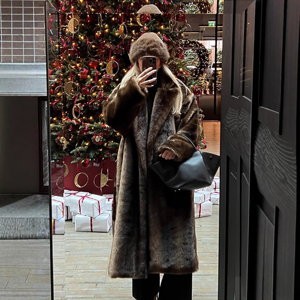 Women Luxurious Long Faux Fur Coat with Oversized Cut and Warming Lining EVA-US