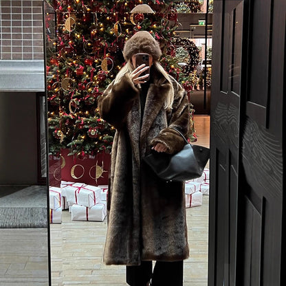 Women Luxurious Long Faux Fur Coat with Oversized Cut and Warming Lining EVA-US