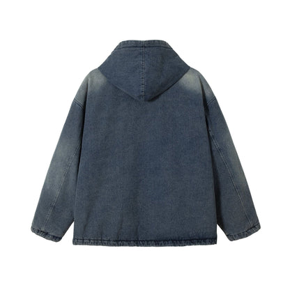 Men's Washed-Denim Hoodie in Oversized Look with Checked Lined Hood EVA-US