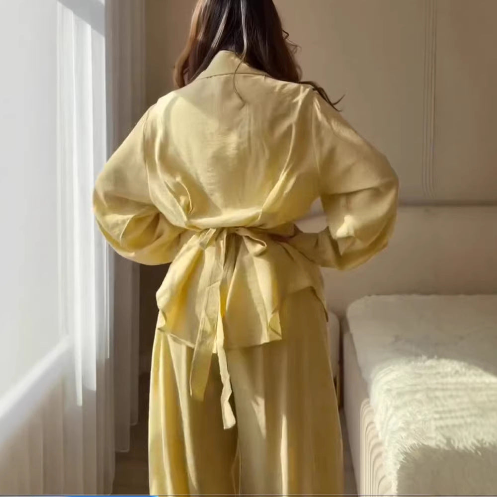 Women Elegant Two-Piece Satin Loungewear Set with Fitted Blouse and Wide Leg Pants EVA-US