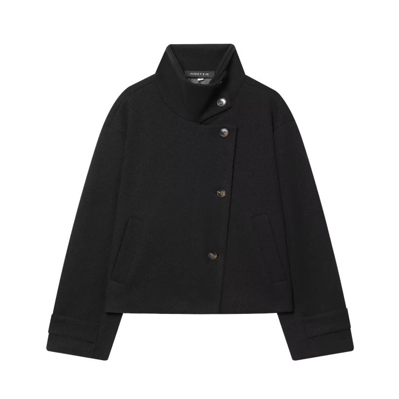 Women's Cropped Wool Blend Short Jacket with High Stand Collar, Asymmetric Button Placket and Cuffed Sleeves EVA-US