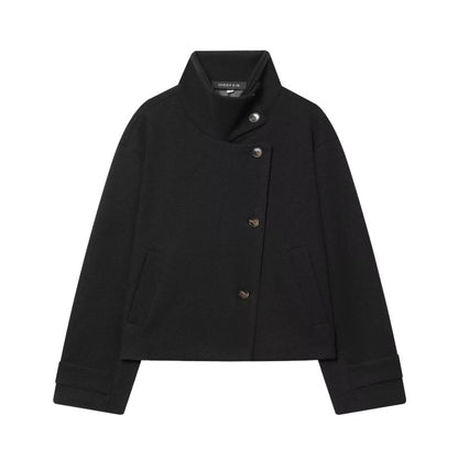 Women's Cropped Wool Blend Short Jacket with High Stand Collar, Asymmetric Button Placket and Cuffed Sleeves EVA-US