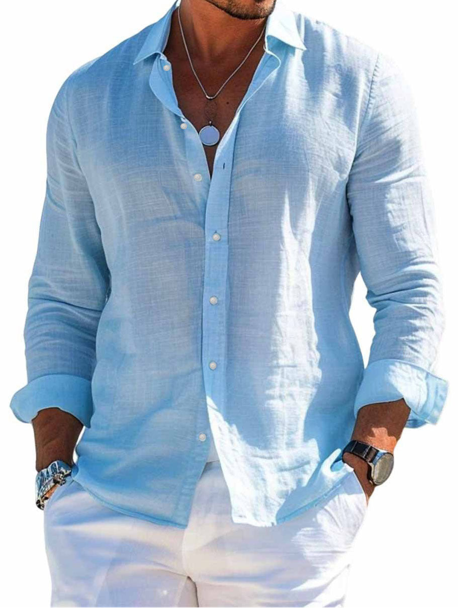 Men's textured linen shirt with open collar, lightweight texture, and casual-tailored fit EVA-US