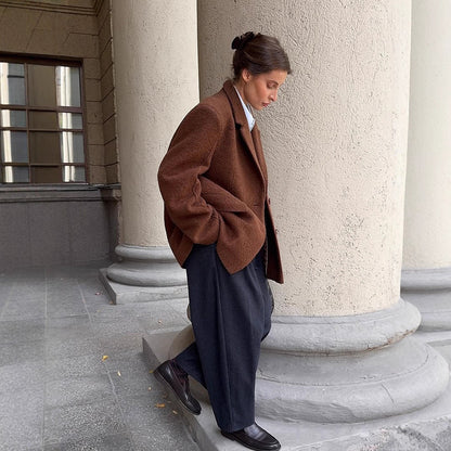 Women Boxy Wool Blend Short Coat with Textured Surface, Notched Collar & Flap Pockets EVA-US