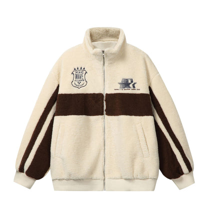 Unisex Sherpa fleece jacket in boxy cut with stand-up collar, block stripes and embroidery details EVA-US