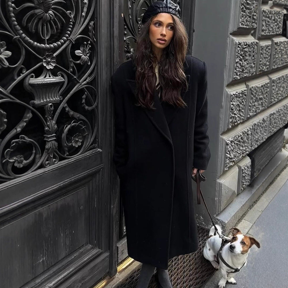 Women's maxi-length wool blend coat in oversized cocoon cut with distinctive shoulder line EVA-US
