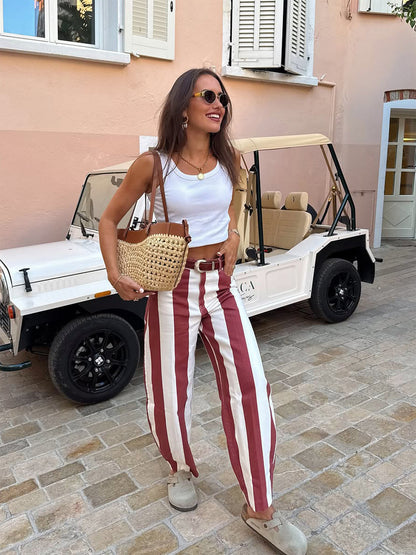 Women's High-Waisted Striped Linen Look Wide-Leg Casual Pants with Belt Loops EVA-US