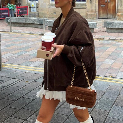 Women's Oversize Suede Bomber Jacket with Zipper & Ribbed Cuffs EVA-US