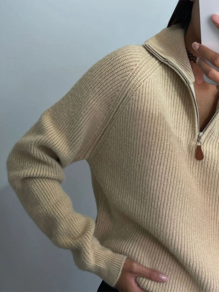 Women Ribbed Wool Blend Sweater with Half Zipper and Wide Stand Collar EVA-US