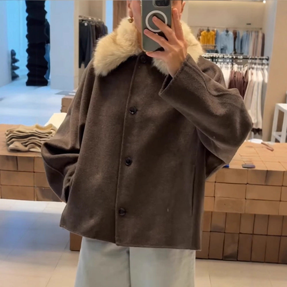 Women's Boxy-Cropped Wool Blend Jacket with Soft Faux Fur Shawl Collar EVA-US