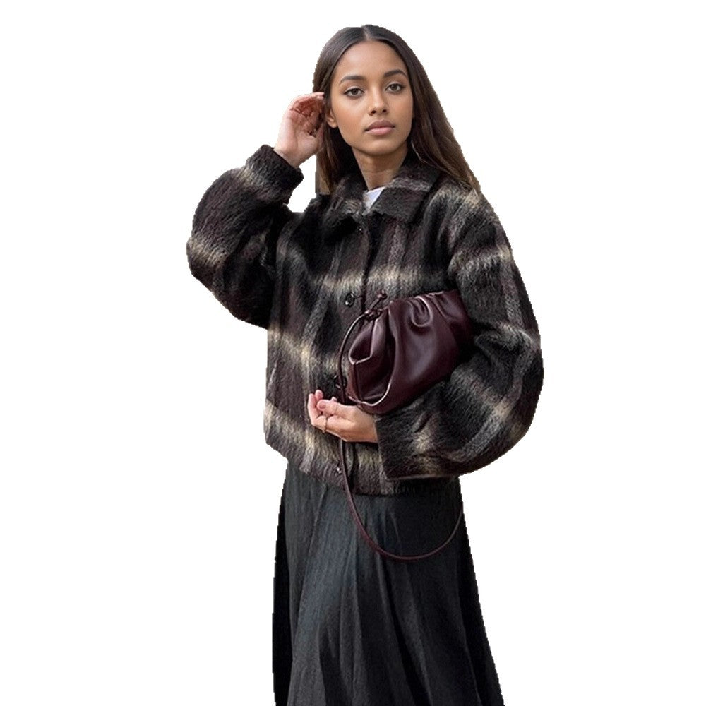 Women's short jacket in checked faux fur boxy cut with shawl collar EVA-US