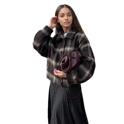 Women's short jacket in checked faux fur boxy cut with shawl collar EVA-US