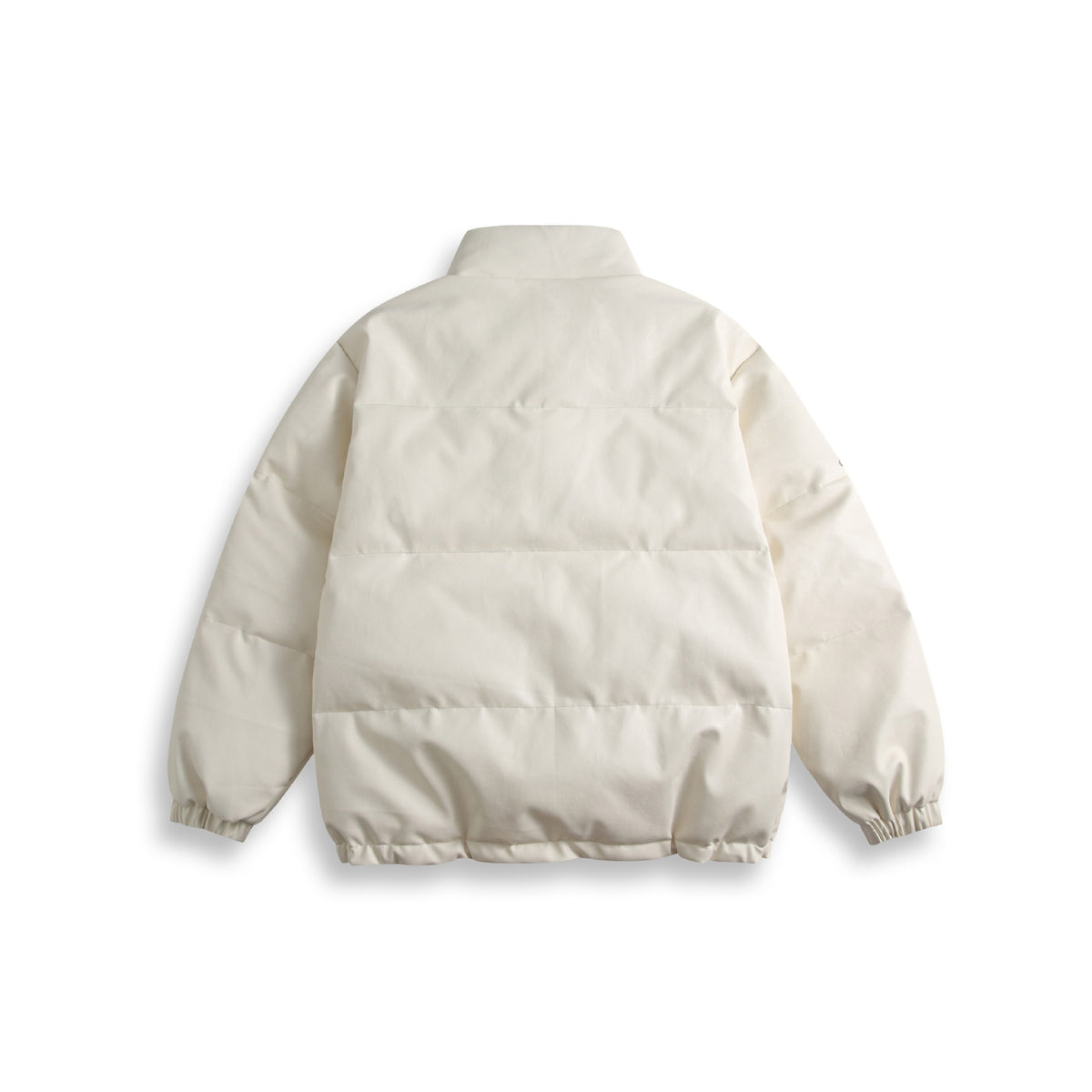 Unisex Short Cut Padded Faux Leather Puffer with High Standing Collar and Badge Details EVA-US