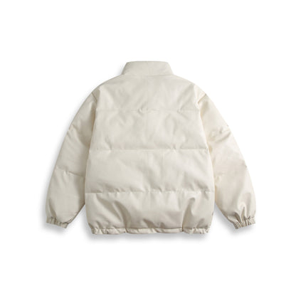 Unisex Short Cut Padded Faux Leather Puffer with High Standing Collar and Badge Details EVA-US