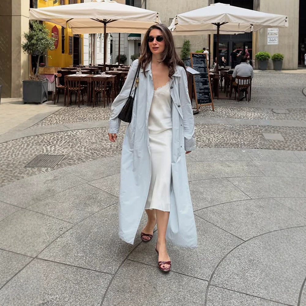 Women's Lightweight Long Trench Coat Made from Technical Material with Concealed Button Placket and Loose Fit EVA-US